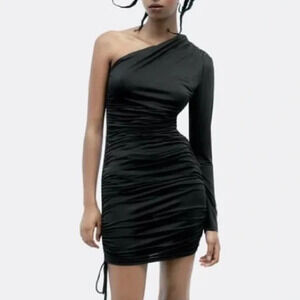 Zara Ruched Asymmetrical  One Arm Stretch Mini Dress Black Sz S